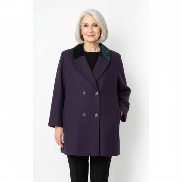 EUC Vtg 80s 90s Andrea Marin Purple Wool Coat Velvet Paisley Shawl Collar L/XL - Picture 1 of 9